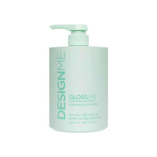 Design.Me GLOSS.ME Hydrating Shampoo bottle front showing hydrating formula for soft, shiny hair