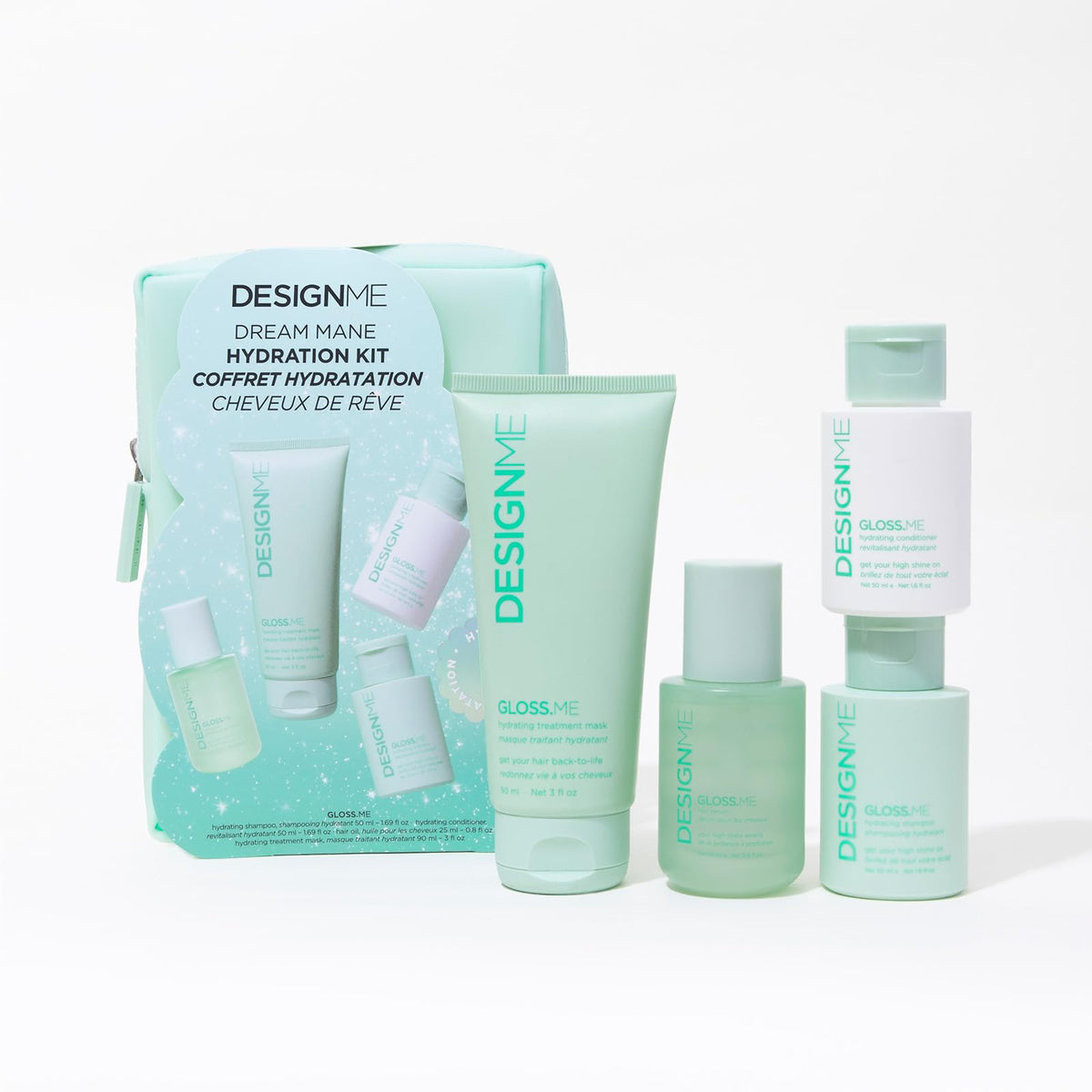 DESIGNME GLOSS.ME shampoo bottle showing a hydrating cleanse for dry hair.