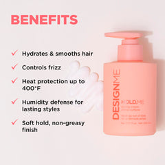 Design.Me HOLD.ME hands applying cream to damp hair for smoothing.