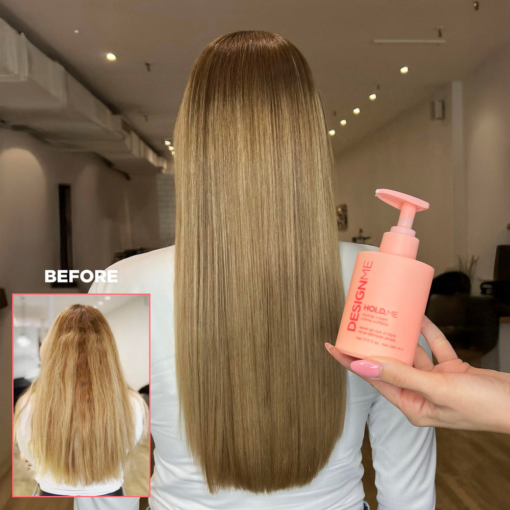 Design.Me HOLD.ME bottle highlighting hydration and soft hold.