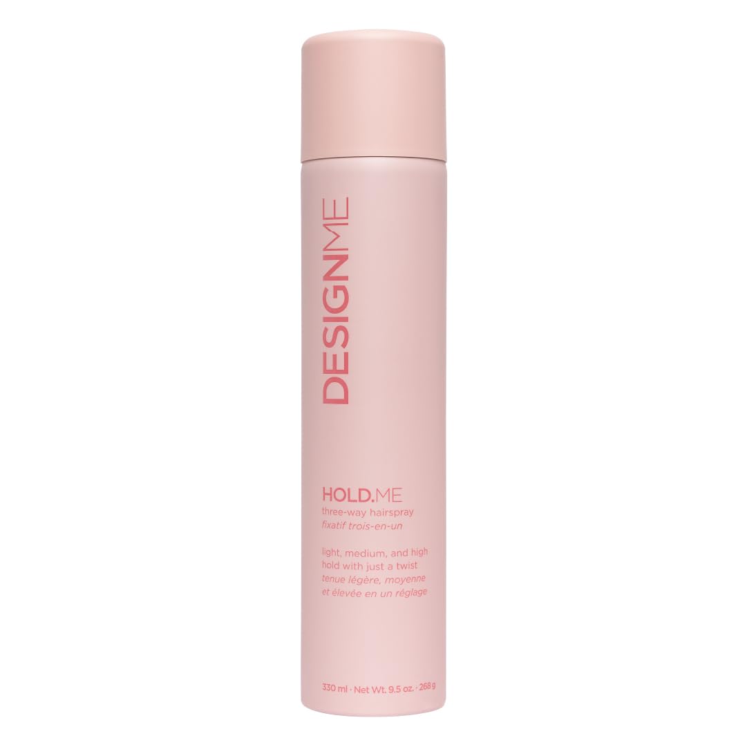 Design.Me HOLD.ME three-way hairspray bottle displaying versatile three-hold capability.