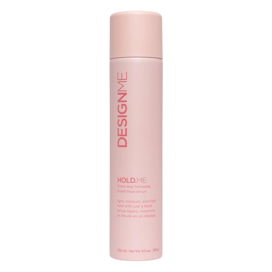 Design.Me HOLD.ME three-way hairspray bottle displaying versatile three-hold capability.