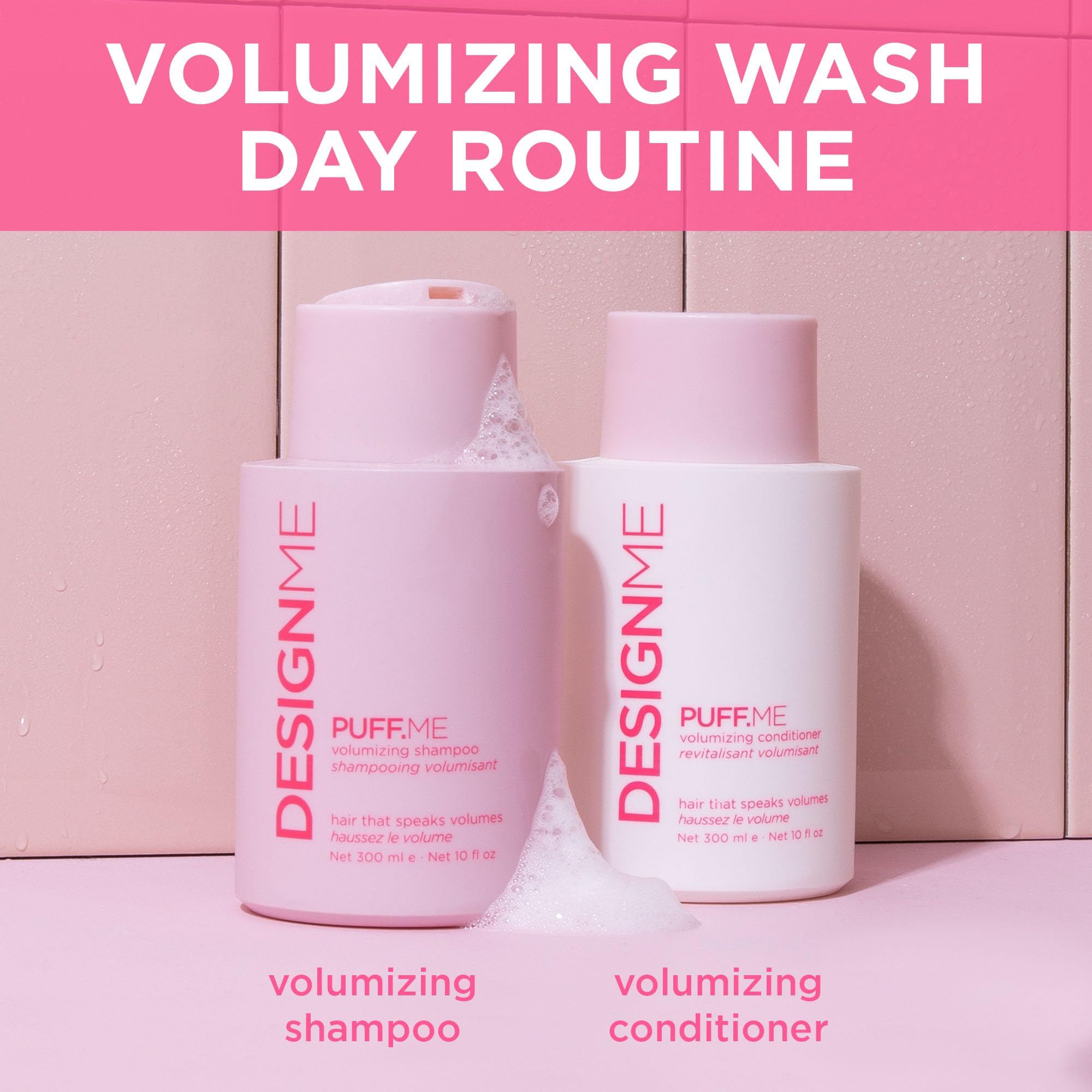 Design.Me Puff.ME shine boost close-up highlighting glossy, hydrated hair.