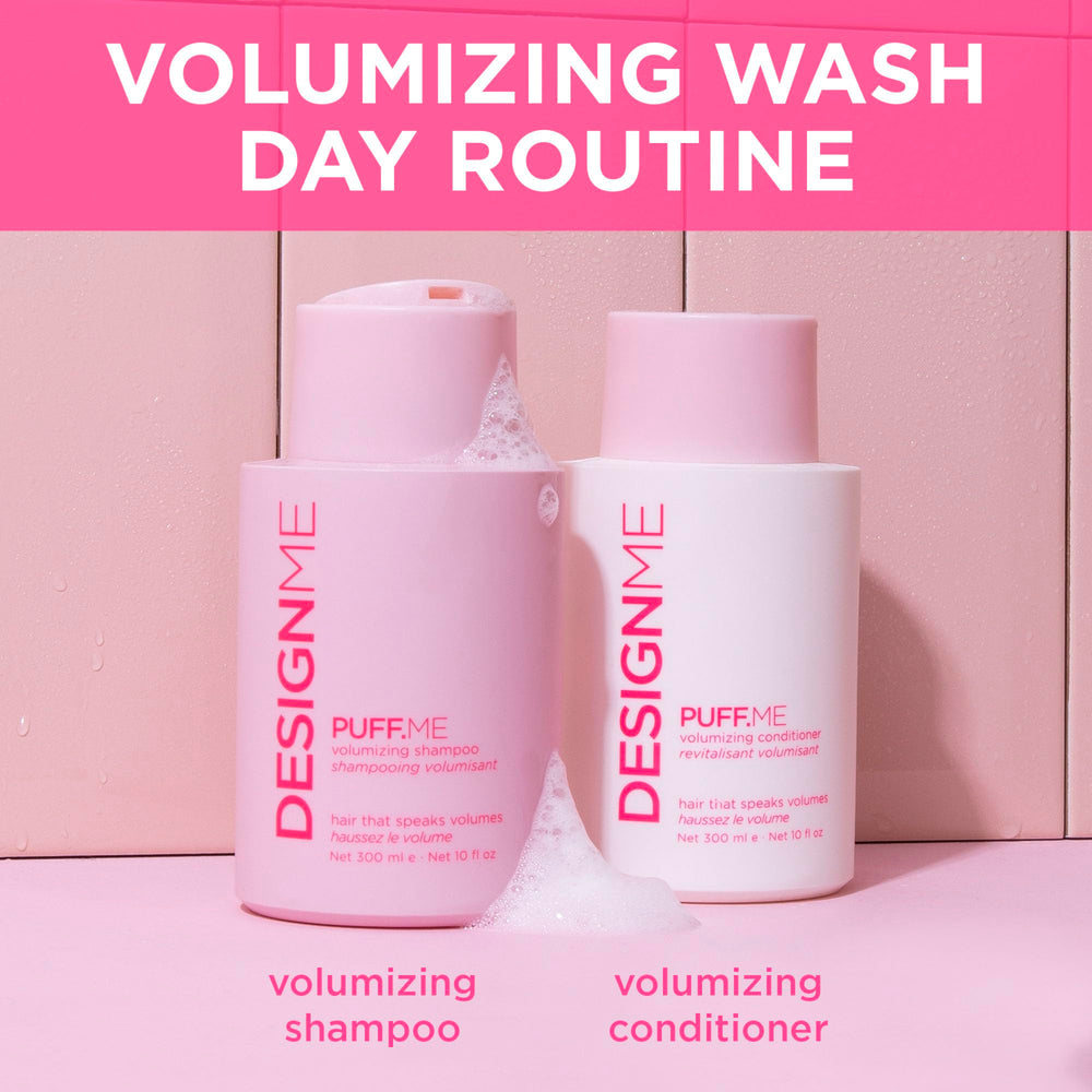 Design.Me Puff.ME shine boost close-up highlighting glossy, hydrated hair.