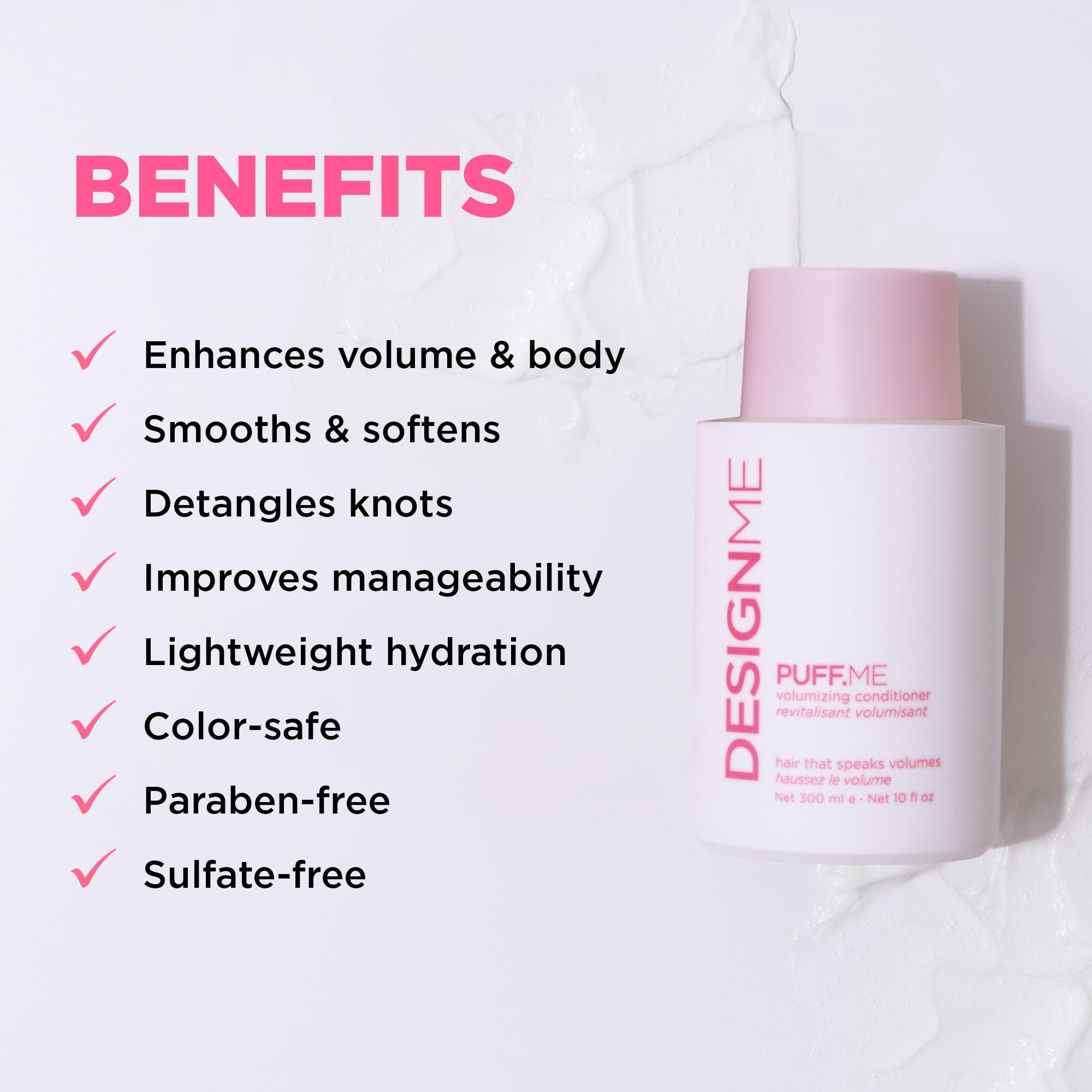 Design.Me Puff.ME weightless cream texture swatch for smooth detangling.
