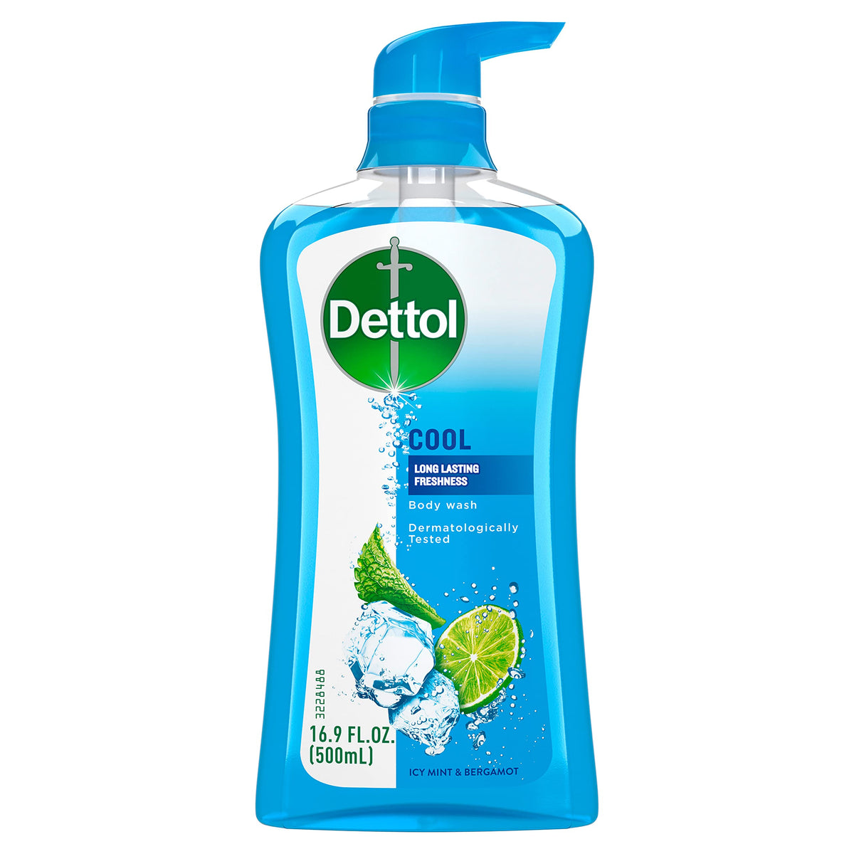 Dettol Cool bottle close-up with mint-bergamot scent for lasting freshness