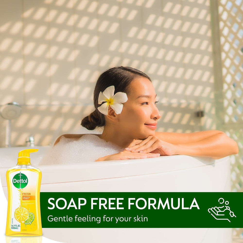 Dettol Fresh Body Wash on bathroom shelf for daily use.