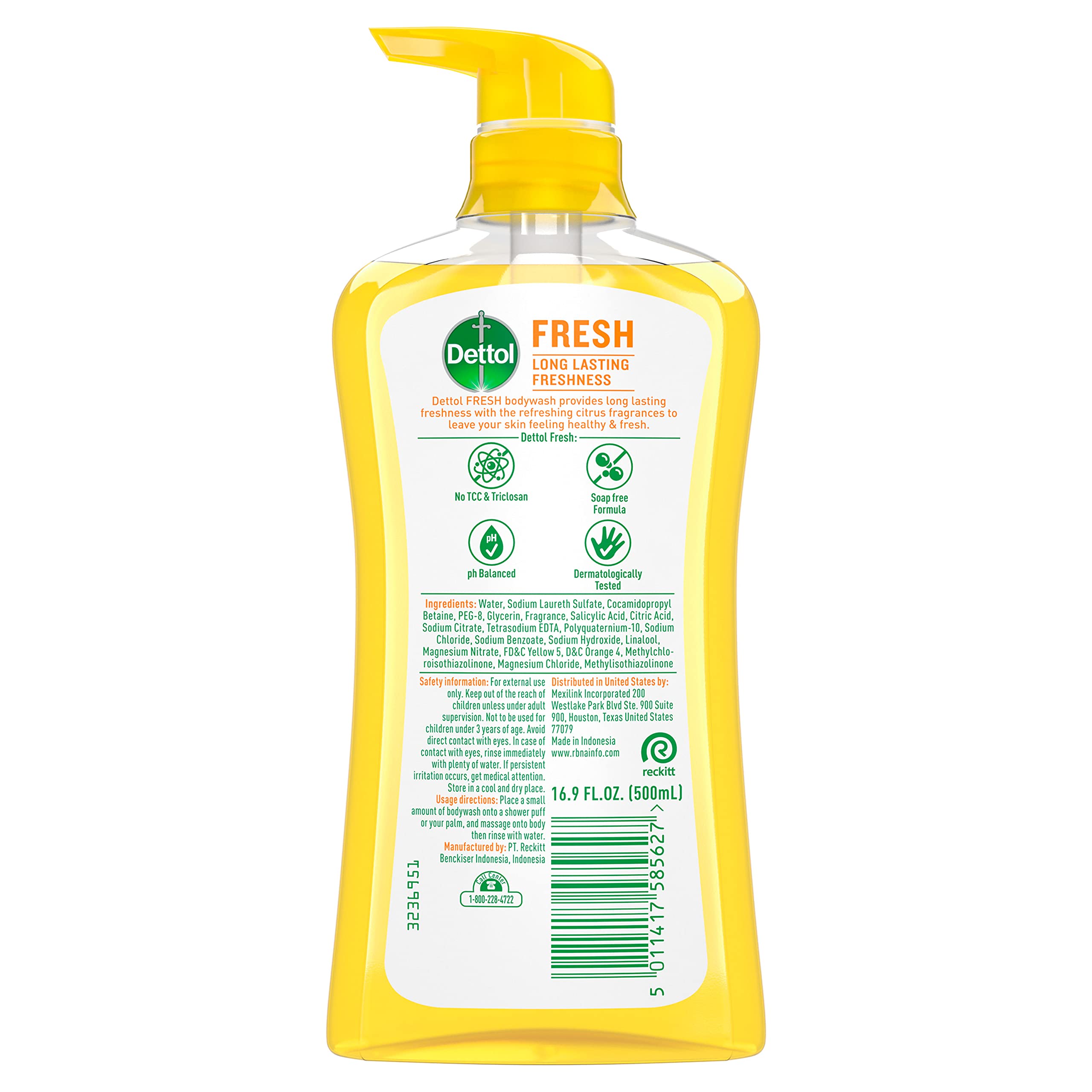 Dettol Fresh Body Wash bottle back highlighting the pH balanced formula for gentle cleansing.
