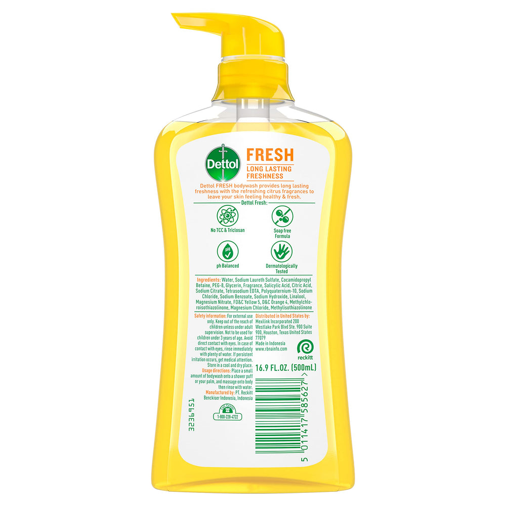 Dettol Fresh Body Wash bottle back highlighting the pH balanced formula for gentle cleansing.