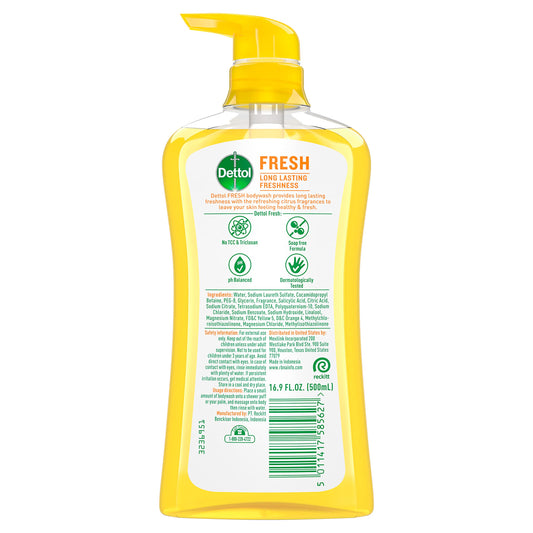 Dettol Fresh Body Wash bottle back highlighting the pH balanced formula for gentle cleansing.