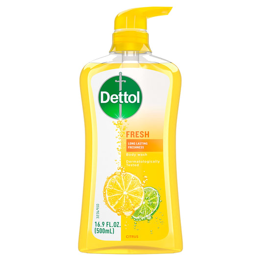 Dettol Fresh Body Wash bottle front showing yuzu scent for lasting freshness.