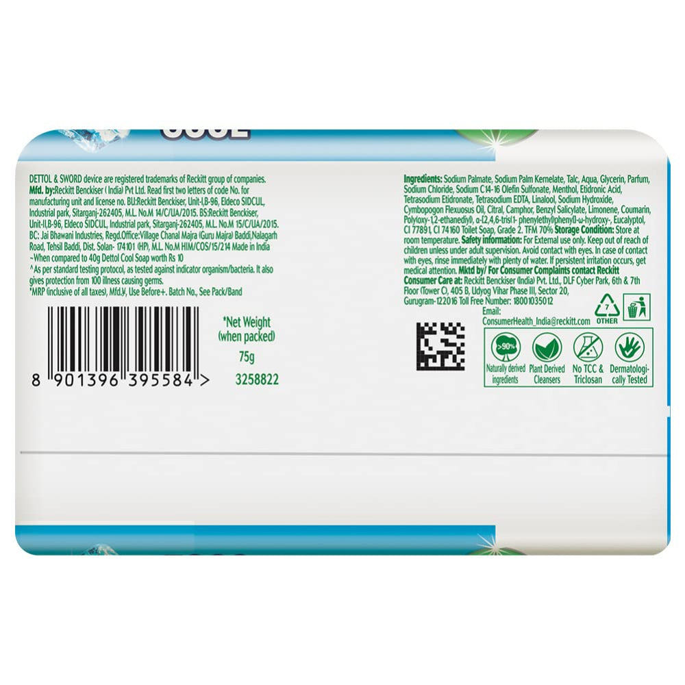 Dettol Intense Cool Bathing Soap Bar label detail with 75g size.