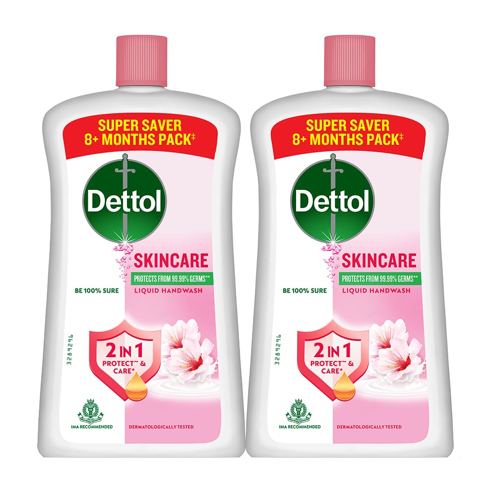 Dettol Skincare Liquid Handwash bottle pour shows smooth lather for clean hands.