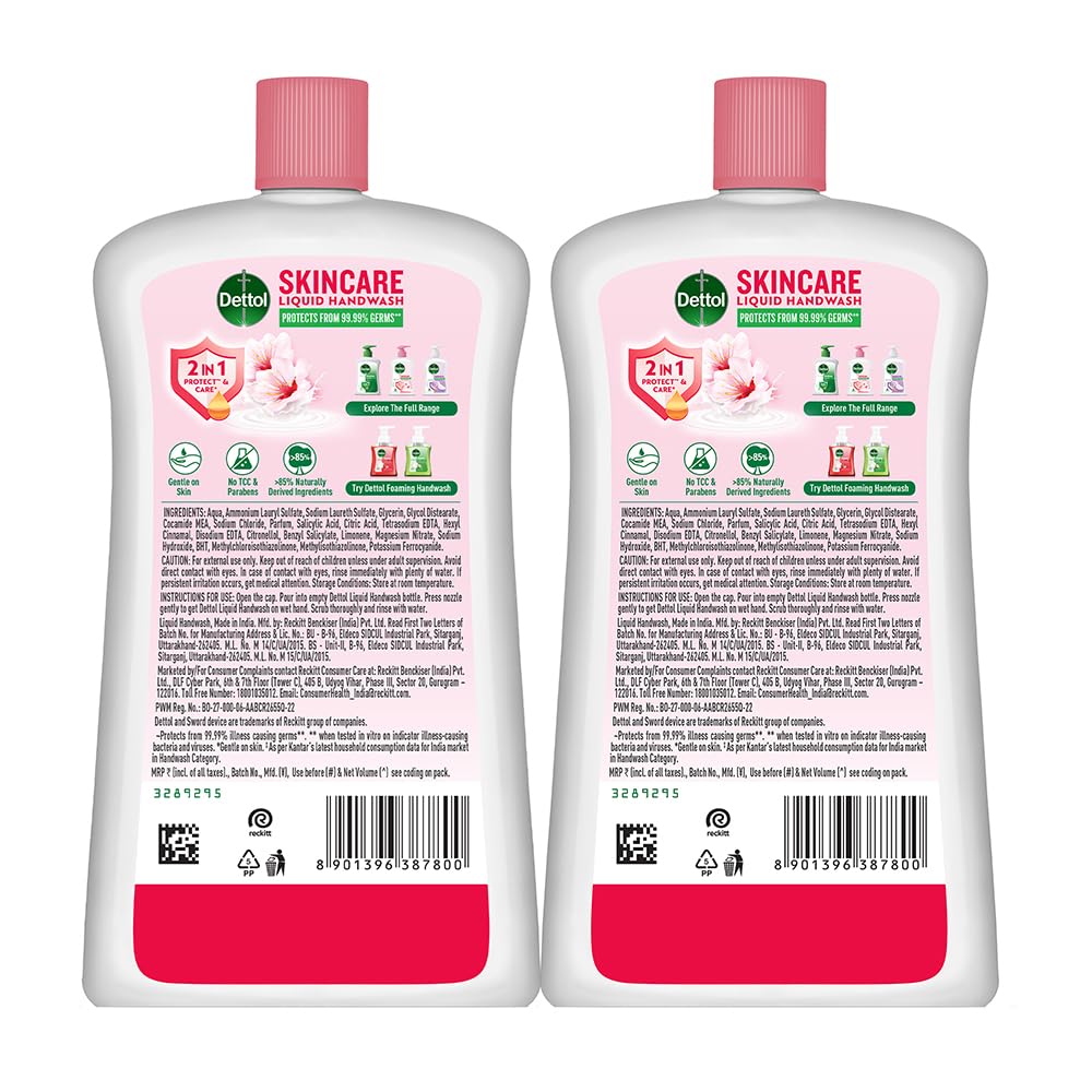 Dettol Skincare Liquid Handwash bathroom shelf display suggests family-friendly hygiene routine.