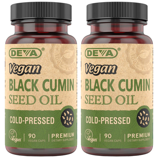DEVA Black Cumin Seed Oil bottle showing vegan formulation benefits