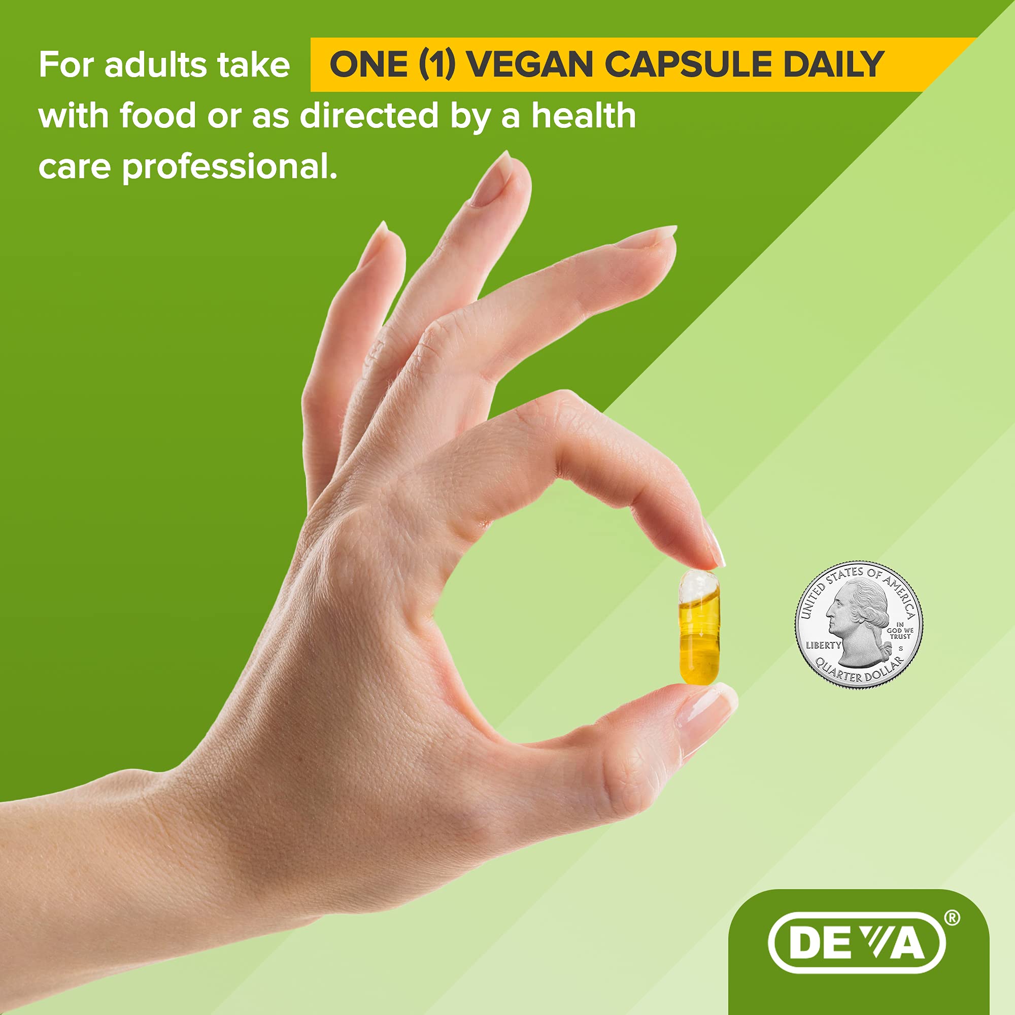 DEVA capsules on white background ready for addition to meals.