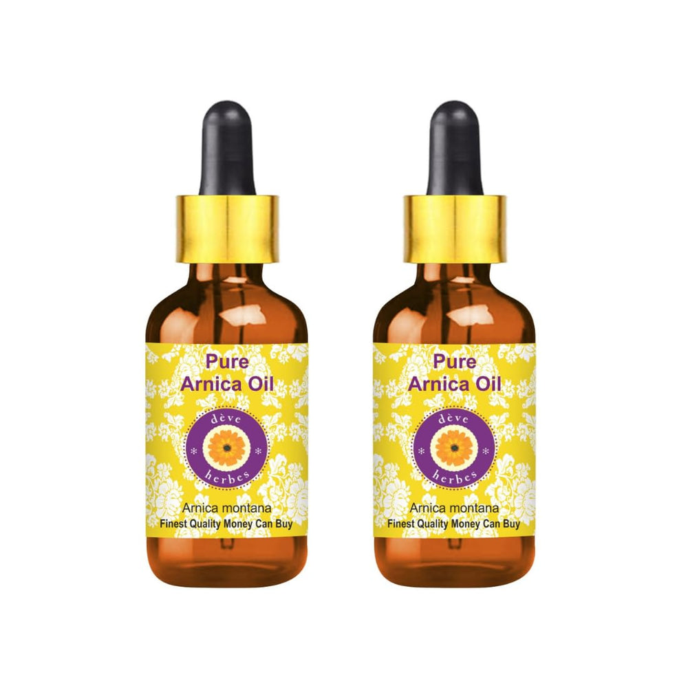 Deve Herbes Arnica Oil in an amber bottle for pure skin nourishment.