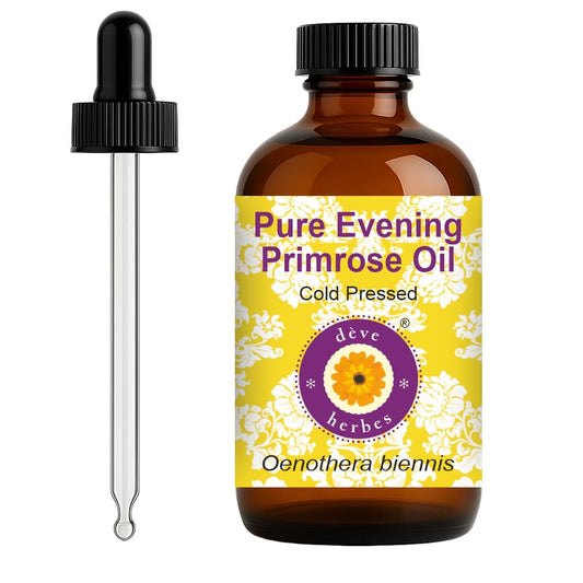 dève herbes Evening Primrose Oil bottle with glass dropper for pure skin nourishment.