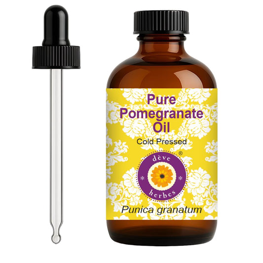 Deve Herbes Pomegranate Oil with glass dropper for precise application to skin.