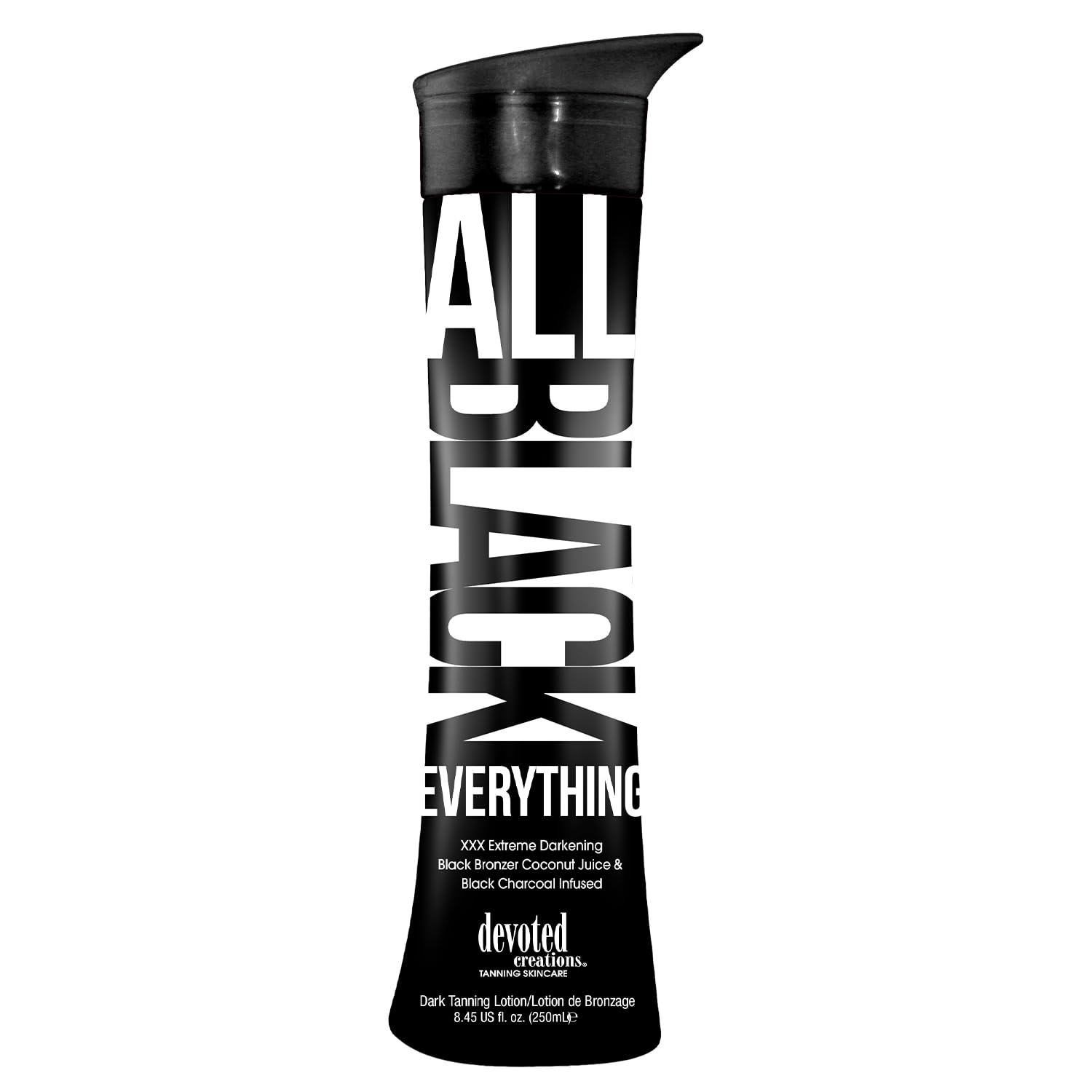 Devoted Creations All Black Everything bottle pour promotes deeper tan.