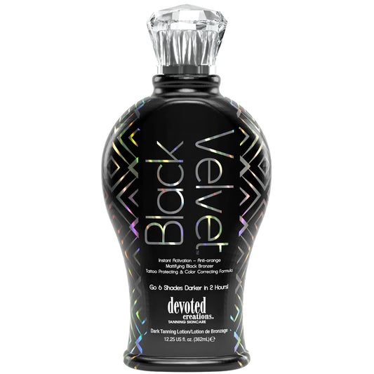 Devoted Creations Black Velvet bottle close-up for a velvety tan finish.