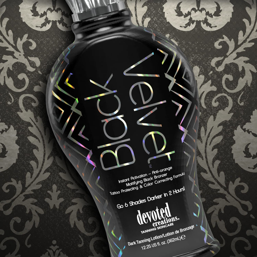 Devoted Creations Black Velvet packaging highlights premium branding and Orchid Noir fragrance.