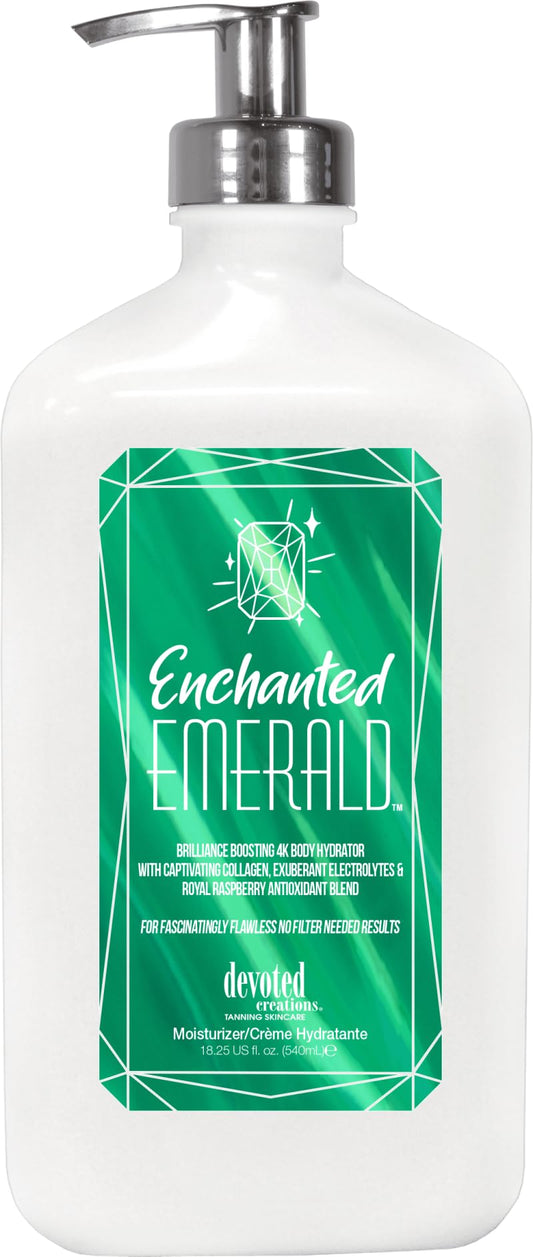 Devoted Creations Enchanted Emerald bottle pour for deep hydration and smoother skin.