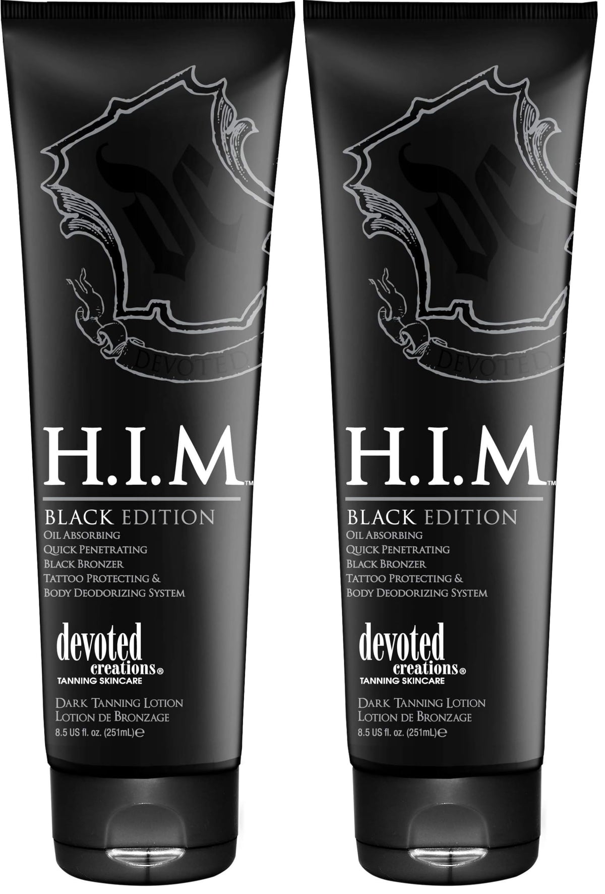 Devoted Creations H.I.M. Black Edition bottle pour showing oil-absorbing, quick-penetrating bronzer for a deep tan