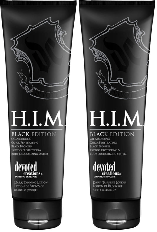 Devoted Creations H.I.M. Black Edition bottle pour showing oil-absorbing, quick-penetrating bronzer for a deep tan