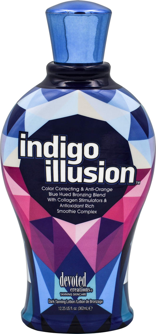 Devoted Creations Indigo Illusion bottle highlights anti-orange bronzing for a natural-looking tan