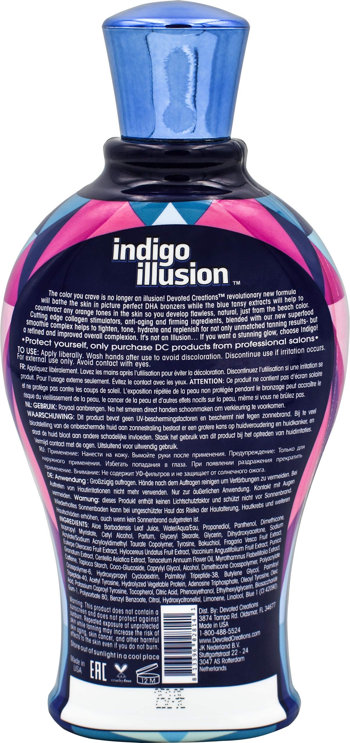 Devoted Creations Indigo Illusion packaging emphasizes color correcting formula and fresh nectar scent