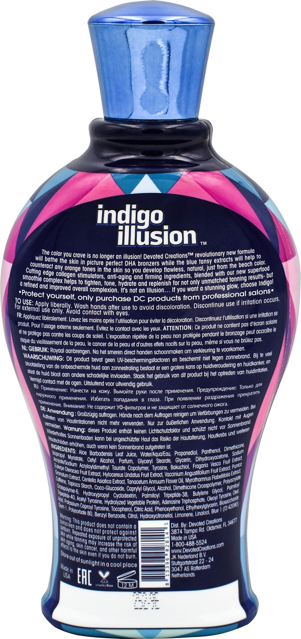 Devoted Creations Indigo Illusion packaging emphasizes color correcting formula and fresh nectar scent