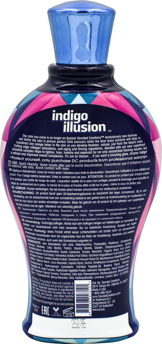 Devoted Creations Indigo Illusion packaging emphasizes color correcting formula and fresh nectar scent