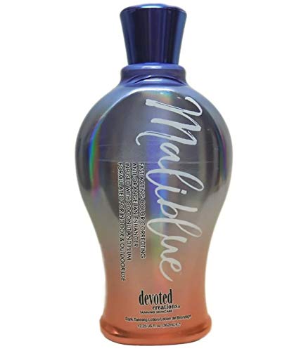 Devoted Creations Maliblue bottle showing fast tan enhancement with hydrating formula.