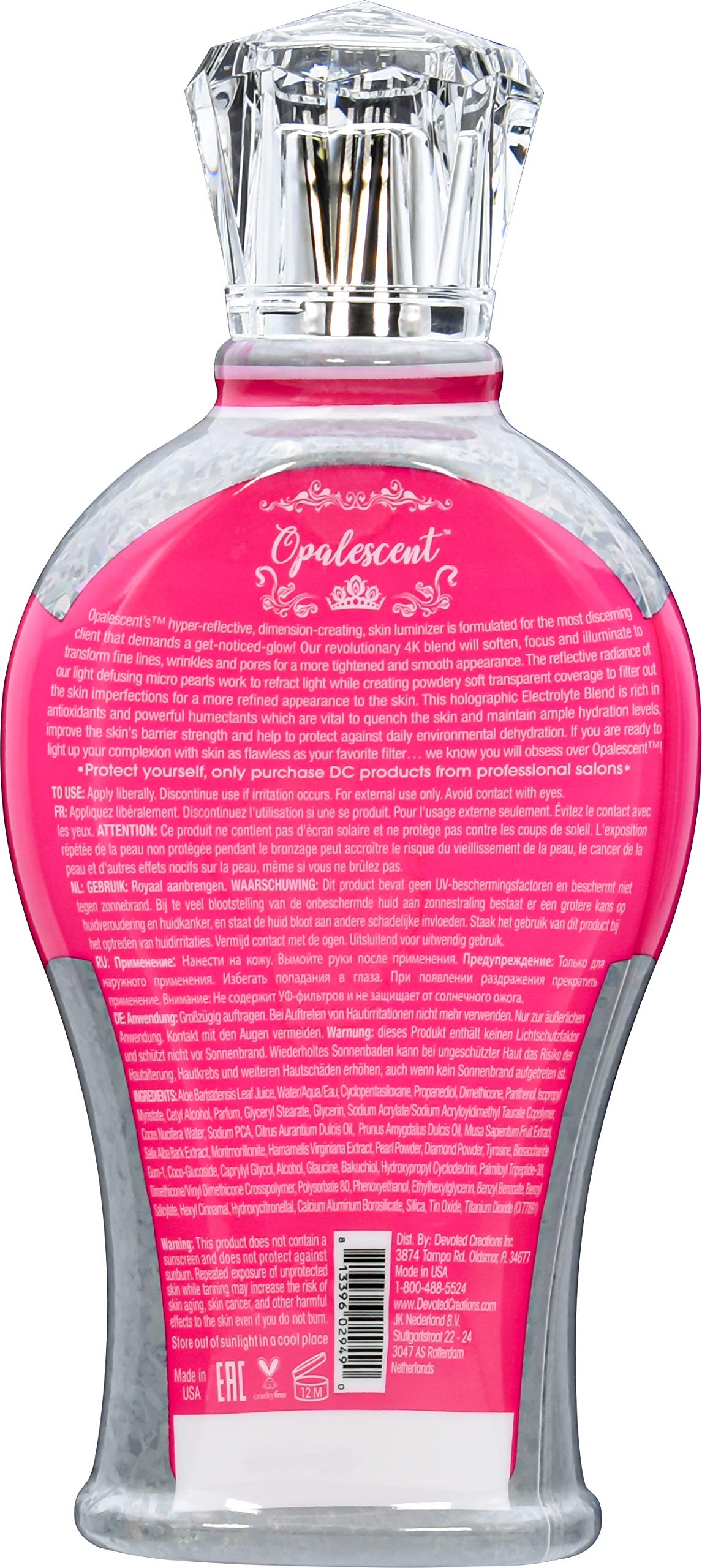 Devoted Creations Opalescent Tanning Lotion applied to skin showing even color and fade protection.