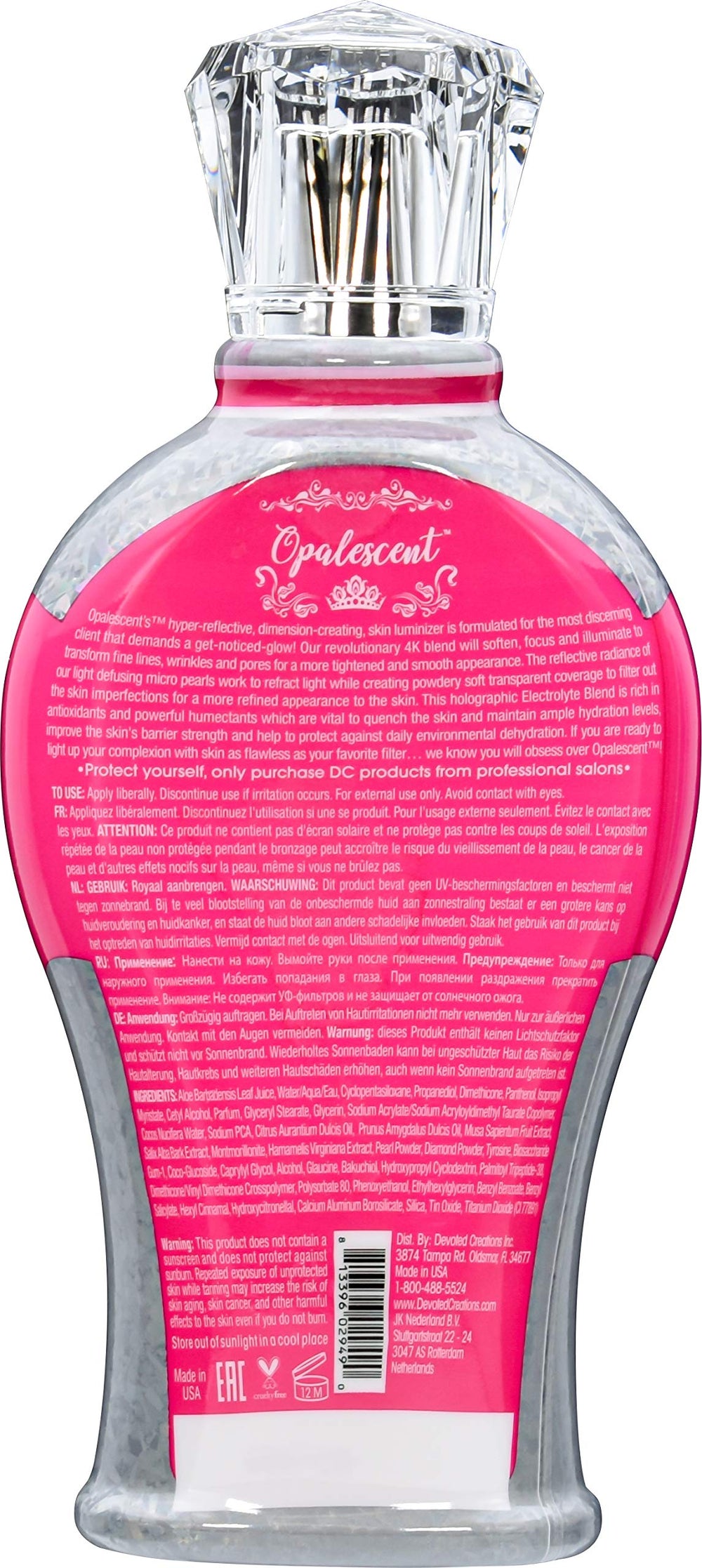 Devoted Creations Opalescent Tanning Lotion applied to skin showing even color and fade protection.