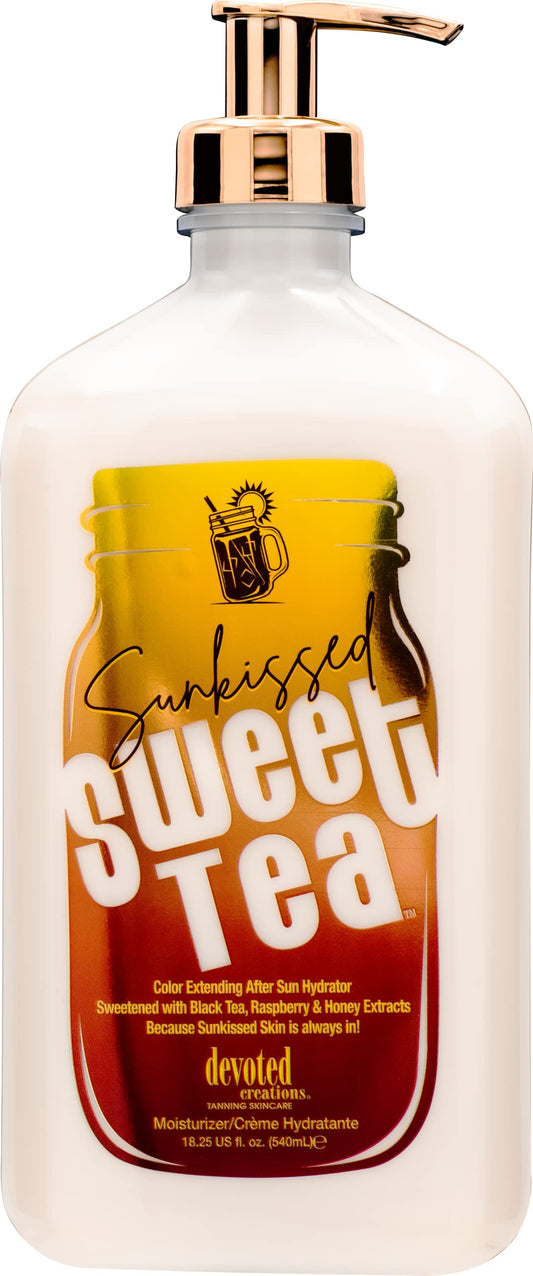 Devoted Creations Sunkissed Sweet Tea color-extender bottle suggesting tan-building benefits.