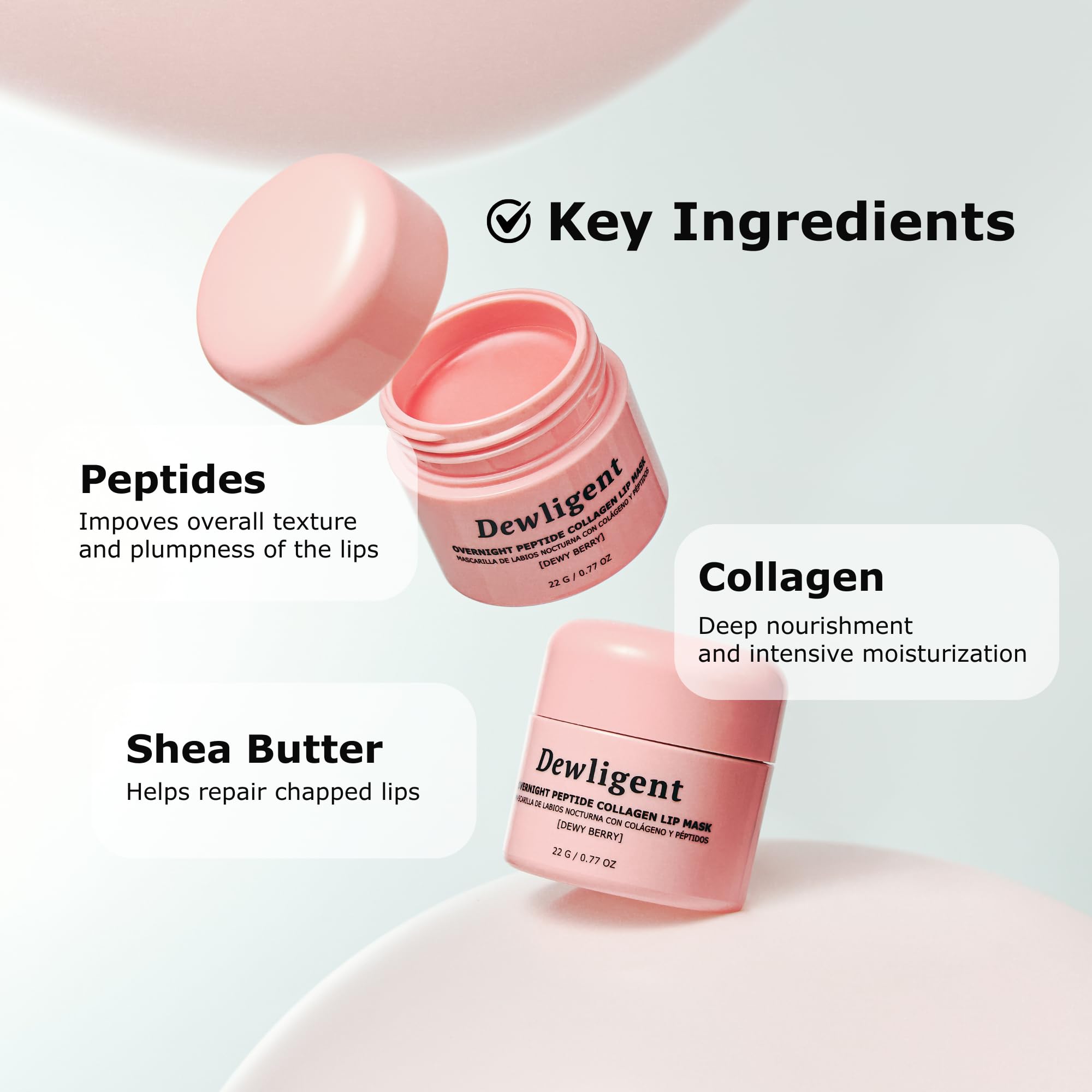 Dewligent lightweight, non-sticky lip mask leaves a glossy finish without residue.