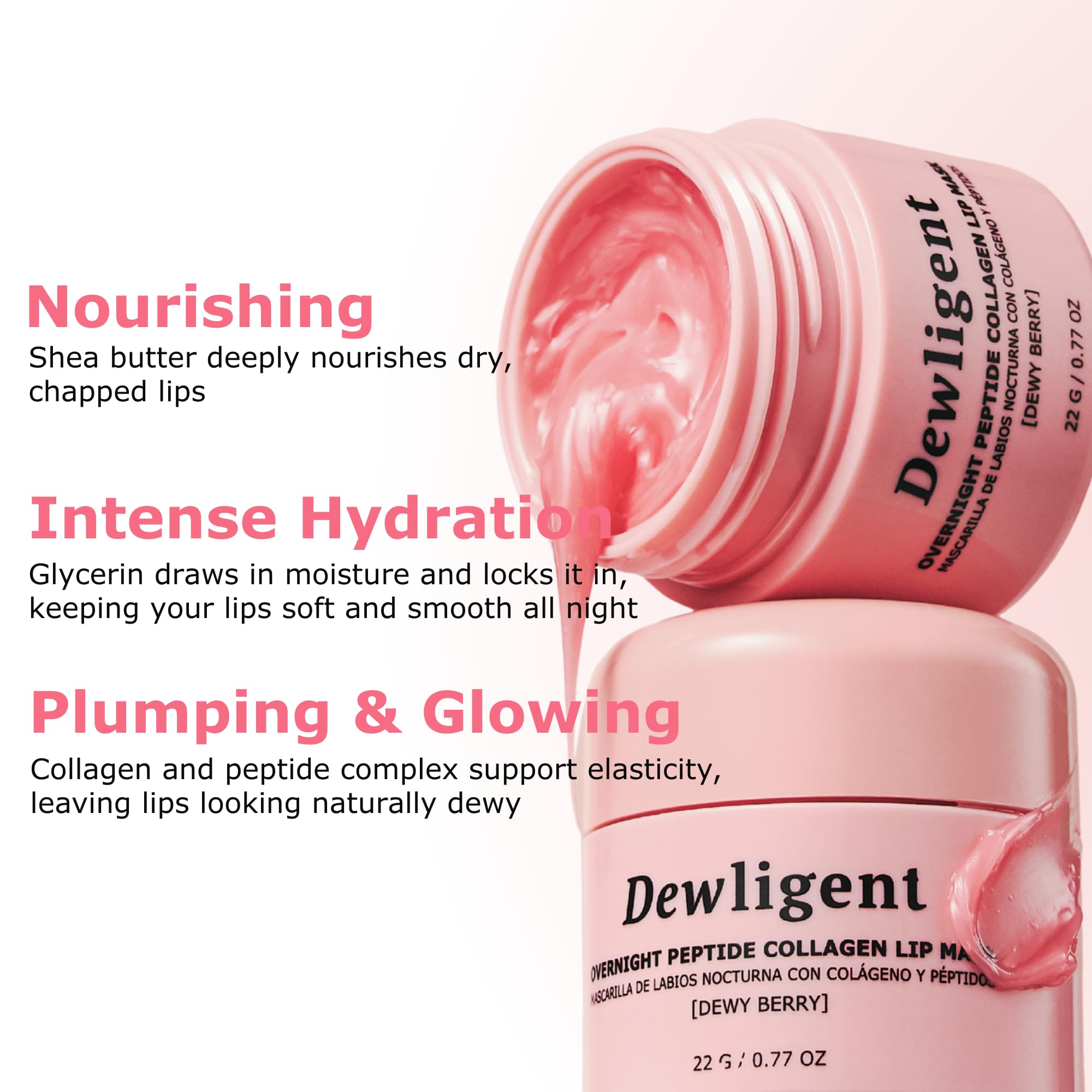 Dewligent lip mask with shea butter delivers rich moisture for dry, flaky lips.