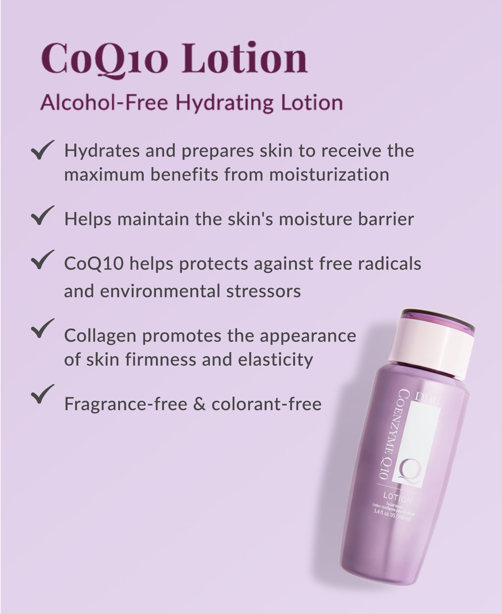 DHC CoQ10 Lotion bottle angled view highlights fast absorption.