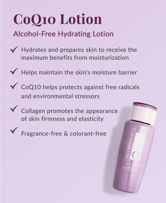 DHC CoQ10 Lotion bottle angled view highlights fast absorption.
