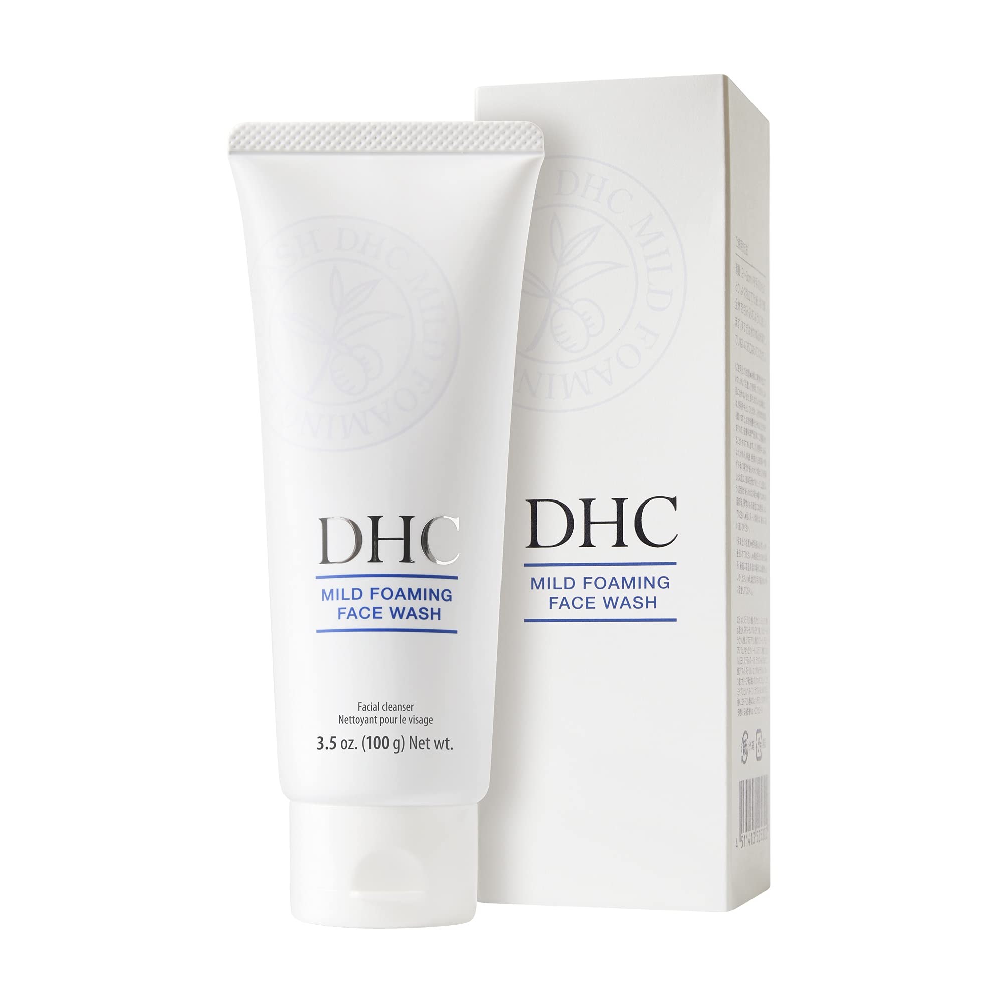 DHC Mild Foaming Face Wash tube dispensing rich mousse for makeup removal.
