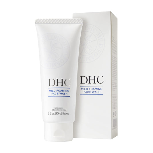 DHC Mild Foaming Face Wash tube dispensing rich mousse for makeup removal.