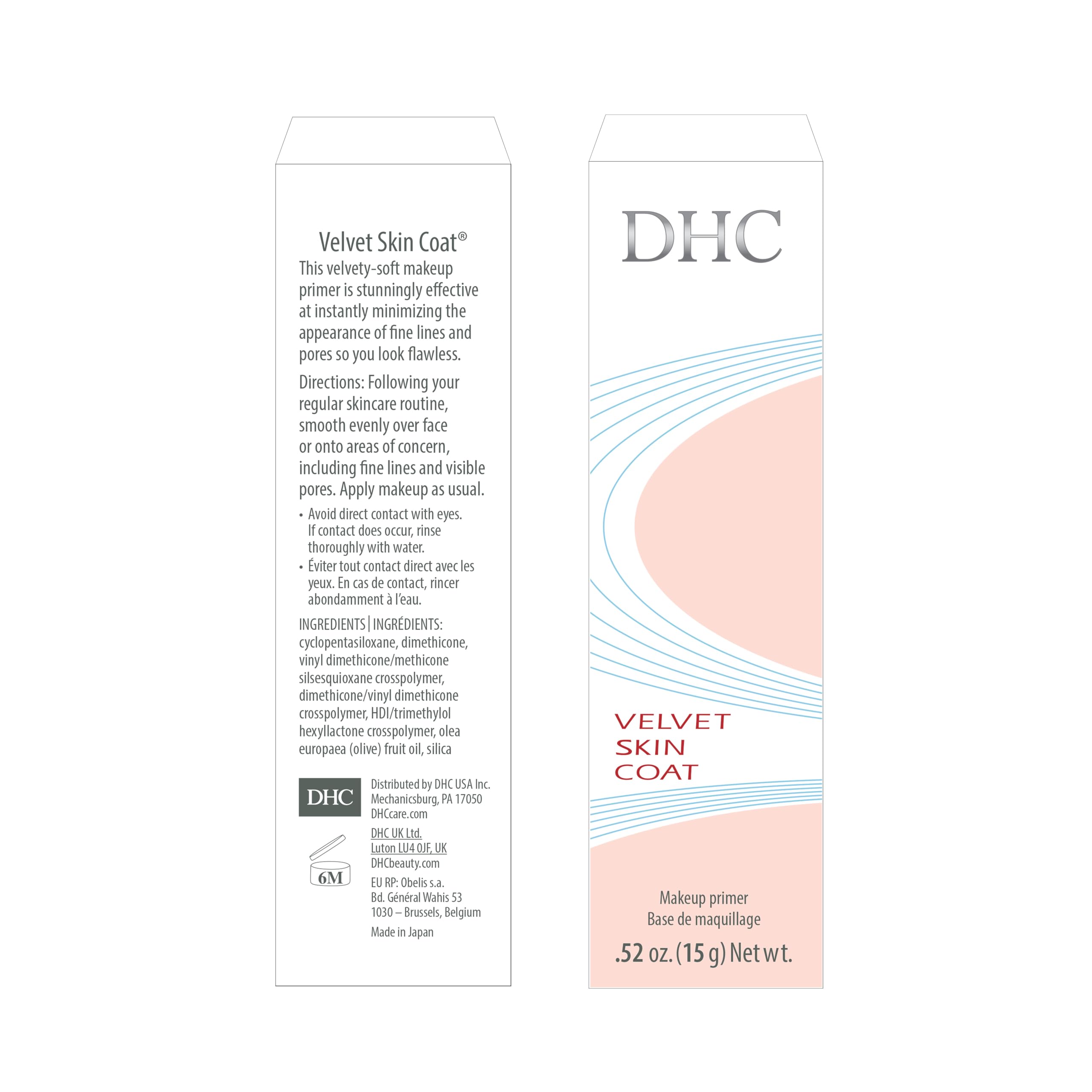 DHC Velvet Skin Coat gel-texture swirls illustrate a transparent formula.