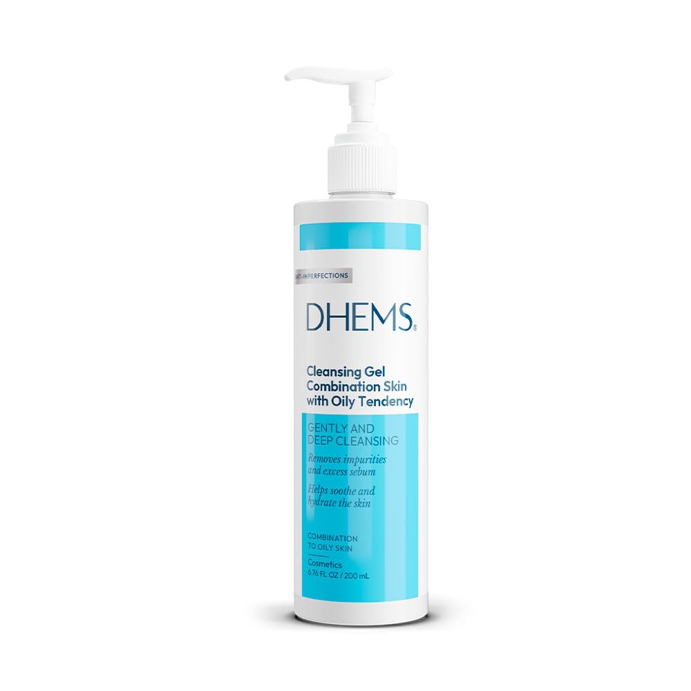 DHEMS Cleansing Gel bottle on display, ideal daily cleanser for oily to combination skin