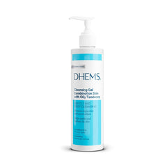 DHEMS Cleansing Gel bottle on display, ideal daily cleanser for oily to combination skin