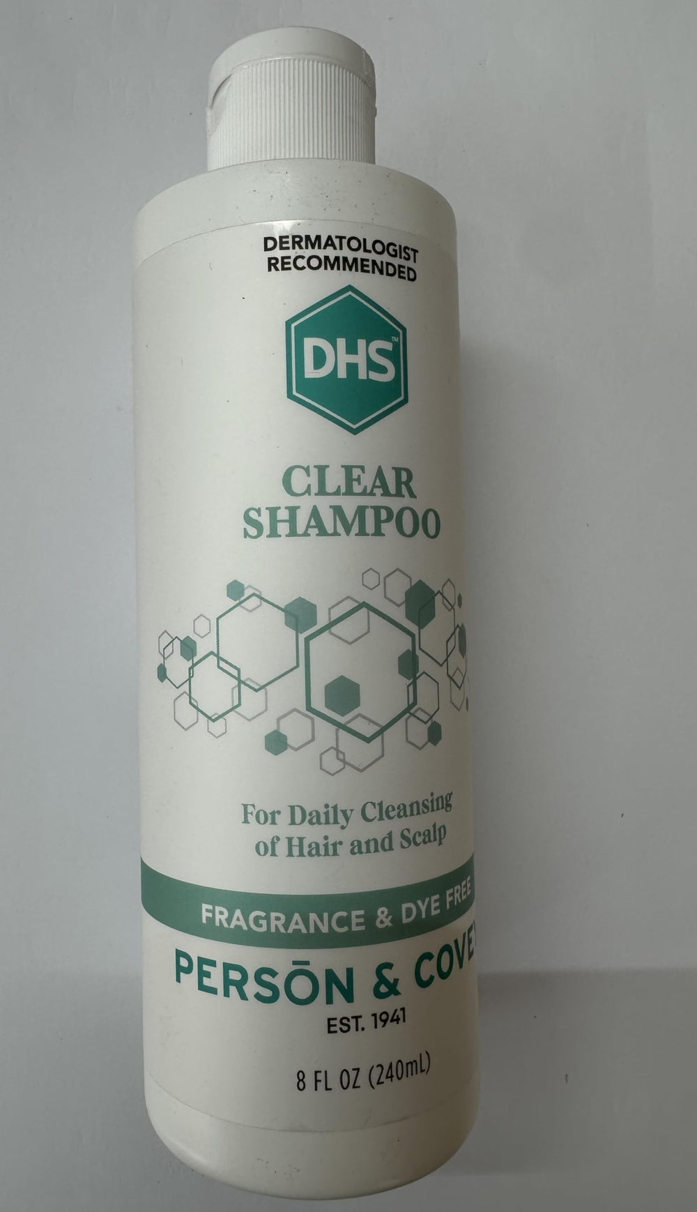 DHS Clear Shampoo bottle front view, fragrance-free formula ideal for sensitive scalps