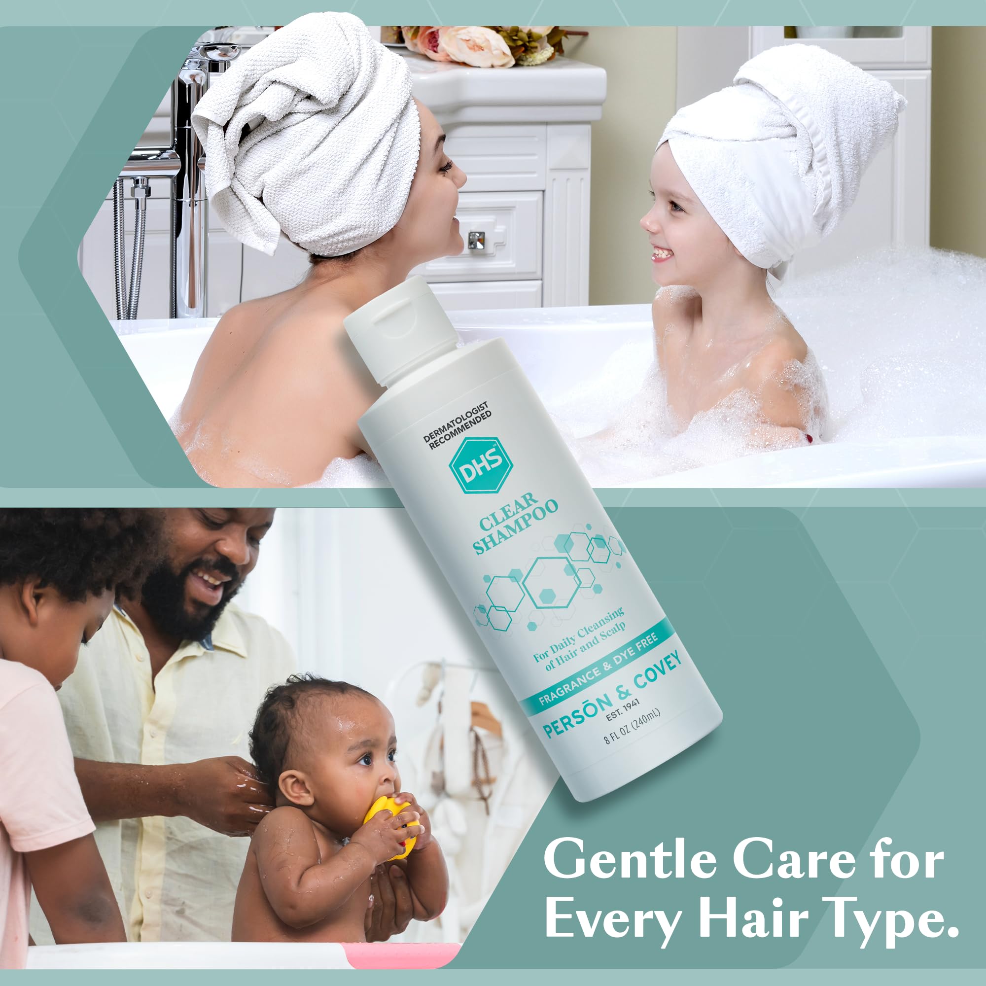 DHS Clear Shampoo in shower setup conveys easy, daily use.
