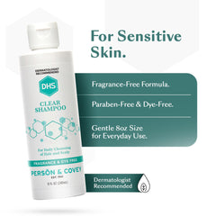 Close-up of DHS Clear Shampoo label highlighting fragrance-free, dye-free formula.