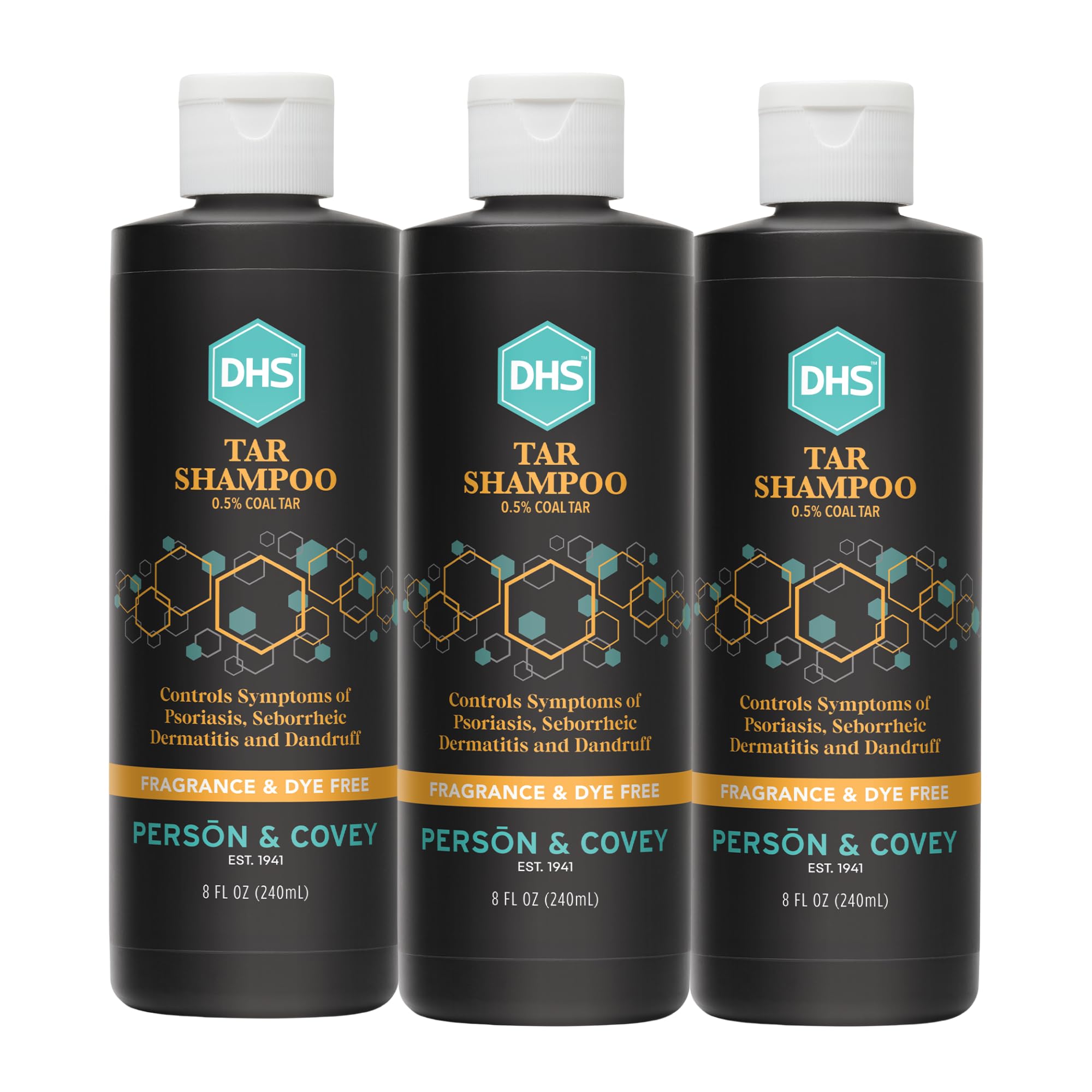 DHS coal tar shampoo bottle shown for dandruff and itchy scalp relief.